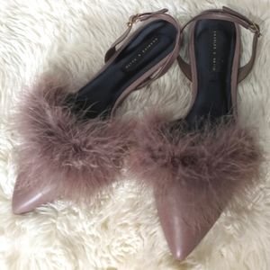 Charles & Keith purple mauve feather, pointed toe flats, slingback, 38, 7.5